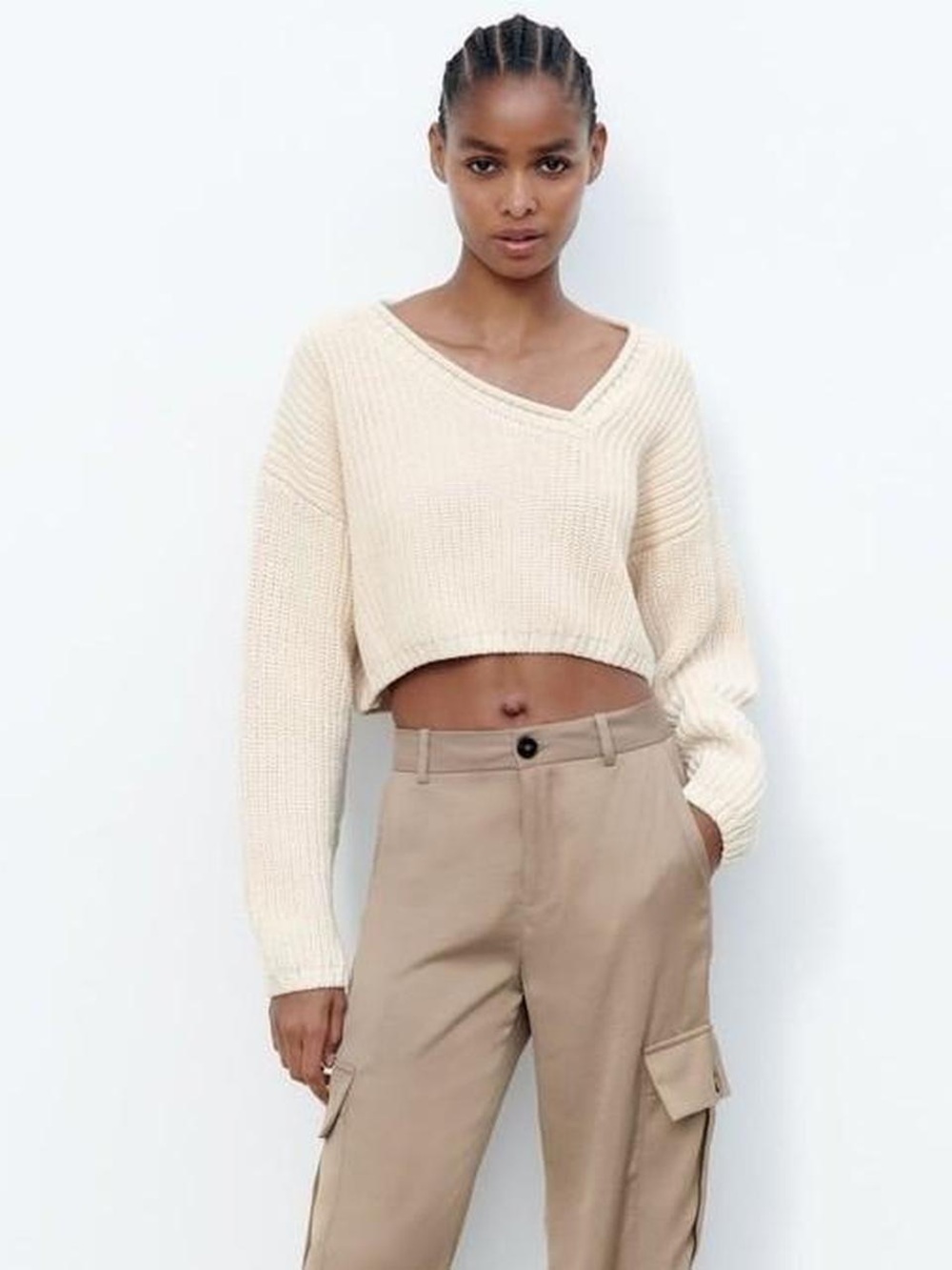 Zara Beige Cropped Asymmetrical V-Neck Sweater
